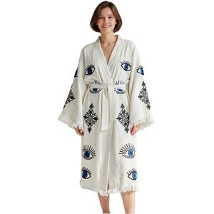 Women's White and Blue Eye Pattern Robe